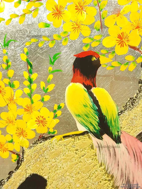 Tableau en Bois Laqué Doré, Motif Couple d'Oiseaux et Fleurs de Cerisier. Décoration et Artisanat du Vietnam. Article vendu par la Boutique Art-saigon.com
