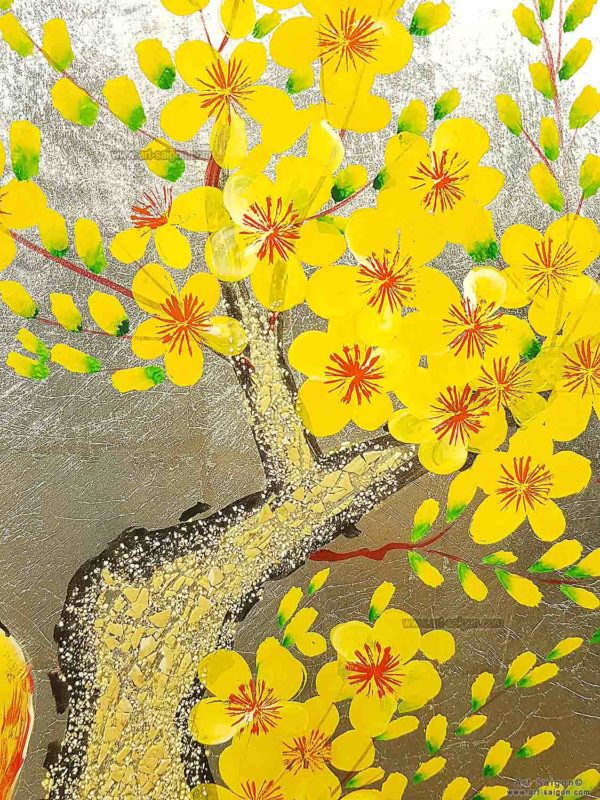Tableau en Bois Laqué Doré, Motif Couple d'Oiseaux et Fleurs de Cerisier. Décoration et Artisanat du Vietnam. Article vendu par la Boutique Art-saigon.com