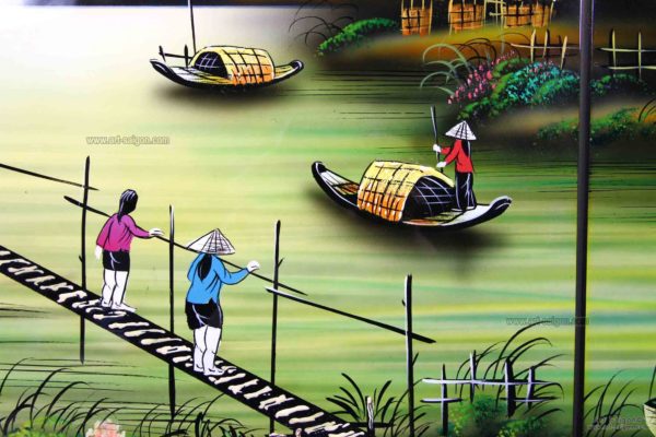 Tableau en Bois Laqué, Motif Campagne du Vietnam. Décoration et Artisanat du Vietnam. Article vendu par la Boutique Art-saigon.com