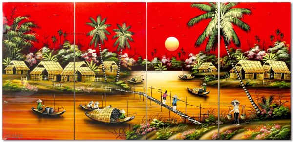 Tableau en Bois Laqué, Motif Campagne du Vietnam. Décoration et Artisanat du Vietnam. Article vendu par la Boutique Art-saigon.com