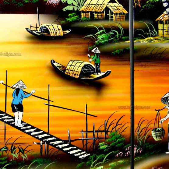 Tableau en Bois Laqué, Motif Campagne du Vietnam. Décoration et Artisanat du Vietnam. Article vendu par la Boutique Art-saigon.com