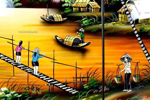 Tableau en Bois Laqué, Motif Campagne du Vietnam. Décoration et Artisanat du Vietnam. Article vendu par la Boutique Art-saigon.com