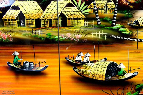 Tableau en Bois Laqué, Motif Campagne du Vietnam. Décoration et Artisanat du Vietnam. Article vendu par la Boutique Art-saigon.com