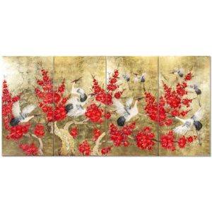 Tableau en Bois Laqué Doré, Motif 9 Grues et Fleurs de Cerisier. Décoration et Artisanat du Vietnam. Article vendu par la Boutique Art-saigon.com