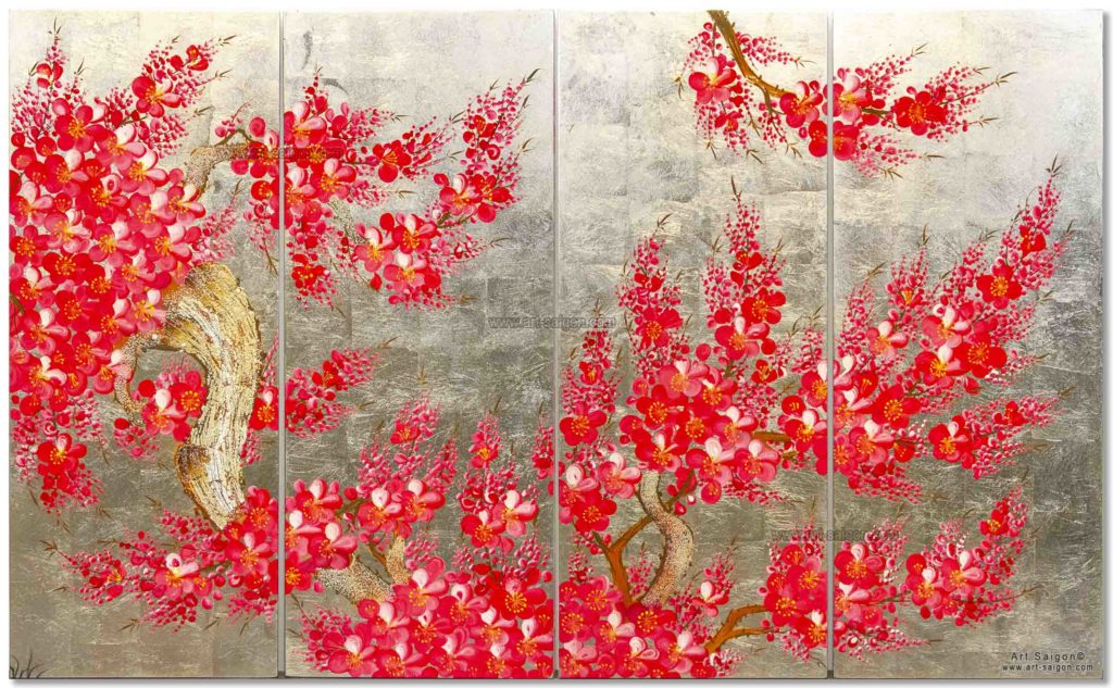 Tableau en Bois Laqué Doré, Fleurs de Cerisier Rouges. Décoration et Artisanat du Vietnam. Article vendu par la Boutique Art-saigon.com