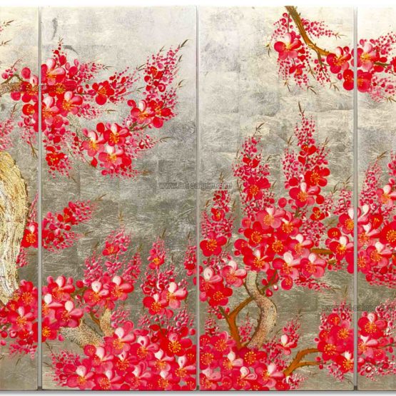 Tableau en Bois Laqué Doré, Fleurs de Cerisier Rouges. Décoration et Artisanat du Vietnam. Article vendu par la Boutique Art-saigon.com