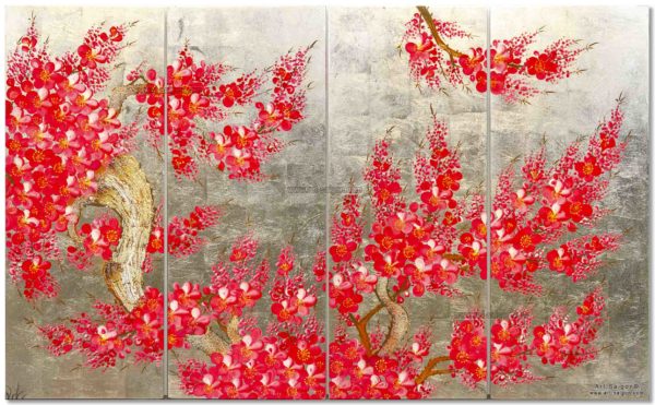 Tableau en Bois Laqué Doré, Fleurs de Cerisier Rouges. Décoration et Artisanat du Vietnam. Article vendu par la Boutique Art-saigon.com