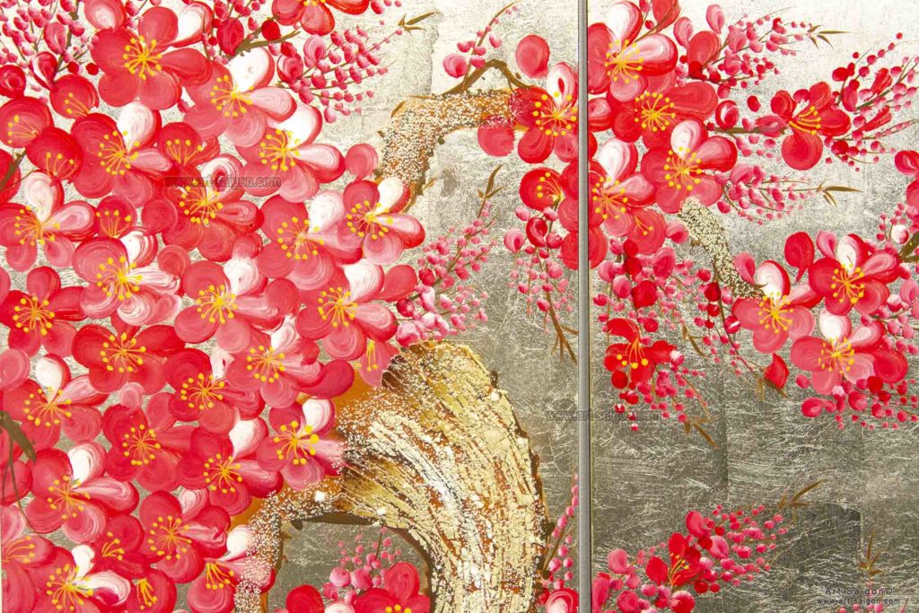 Tableau en Bois Laqué Doré, Fleurs de Cerisier Rouges. Décoration et Artisanat du Vietnam. Article vendu par la Boutique Art-saigon.com