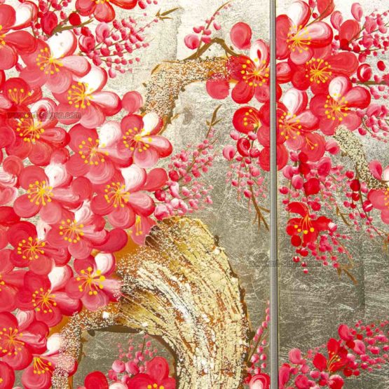 Tableau en Bois Laqué Doré, Fleurs de Cerisier Rouges. Décoration et Artisanat du Vietnam. Article vendu par la Boutique Art-saigon.com
