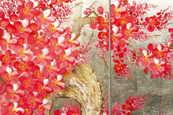 Tableau en Bois Laqué Doré, Fleurs de Cerisier Rouges. Décoration et Artisanat du Vietnam. Article vendu par la Boutique Art-saigon.com