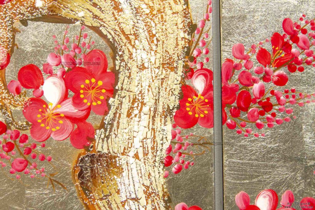 Tableau en Bois Laqué Doré, Fleurs de Cerisier Rouges. Décoration et Artisanat du Vietnam. Article vendu par la Boutique Art-saigon.com