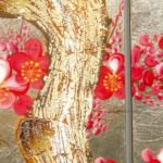 Tableau en Bois Laqué Doré, Fleurs de Cerisier Rouges. Décoration et Artisanat du Vietnam. Article vendu par la Boutique Art-saigon.com