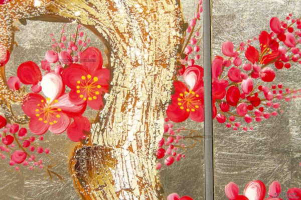 Tableau en Bois Laqué Doré, Fleurs de Cerisier Rouges. Décoration et Artisanat du Vietnam. Article vendu par la Boutique Art-saigon.com