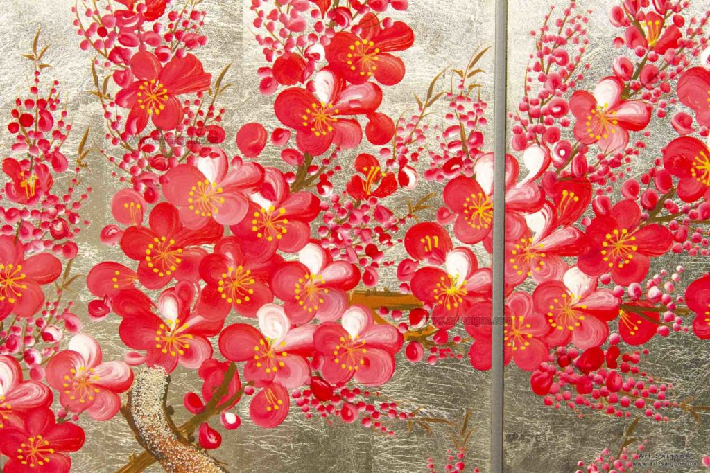 Tableau en Bois Laqué Doré, Fleurs de Cerisier Rouges. Décoration et Artisanat du Vietnam. Article vendu par la Boutique Art-saigon.com