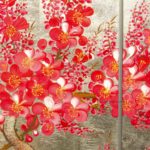 Tableau en Bois Laqué Doré, Fleurs de Cerisier Rouges. Décoration et Artisanat du Vietnam. Article vendu par la Boutique Art-saigon.com