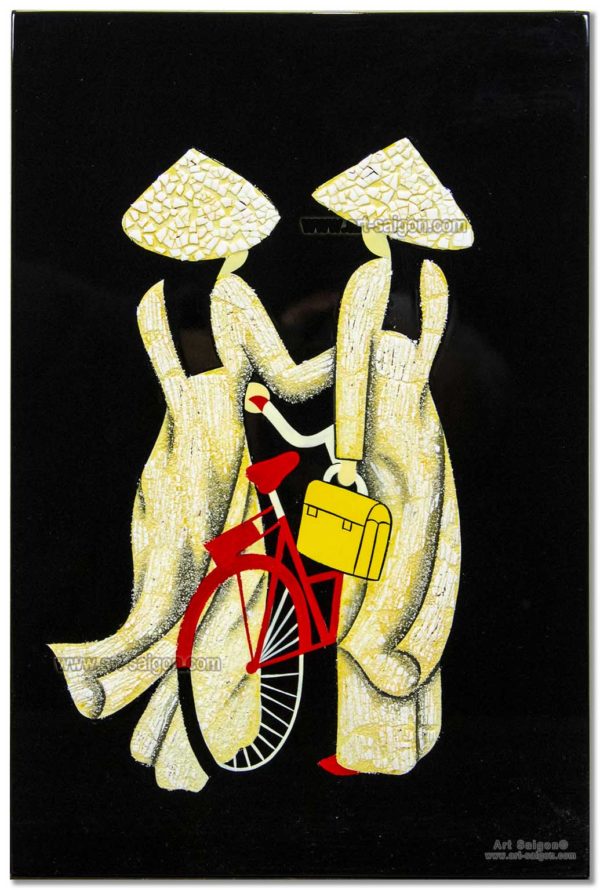 Tableau en Bois Laqué et Coquille d'Œuf, Motif Étudiante Vietnamienne. Décoration et Artisanat du Vietnam. Article vendu par la Boutique Art-saigon.com