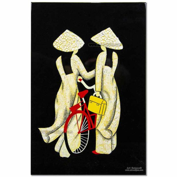 Tableau en Bois Laqué et Coquille d'Œuf, Motif Étudiante Vietnamienne. Décoration et Artisanat du Vietnam. Article vendu par la Boutique Art-saigon.com