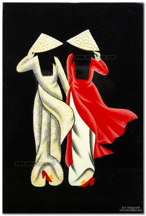 Tableau en Bois Laqué et Coquille d'Œuf, Motif Femmes Vietnamiennes. Décoration et Artisanat du Vietnam. Article vendu par la Boutique Art-saigon.com