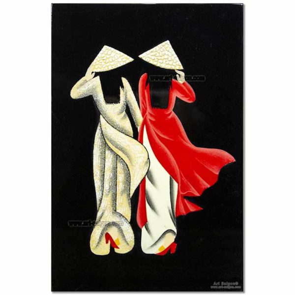 Tableau en Bois Laqué et Coquille d'Œuf, Motif Femmes Vietnamiennes. Décoration et Artisanat du Vietnam. Article vendu par la Boutique Art-saigon.com