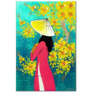 Tableau en Bois Laqué peint, Motif Femme Vietnamienne et Fleurs de Cerisier. Décoration et Artisanat du Vietnam. Article vendu par la Boutique Art-saigon.com
