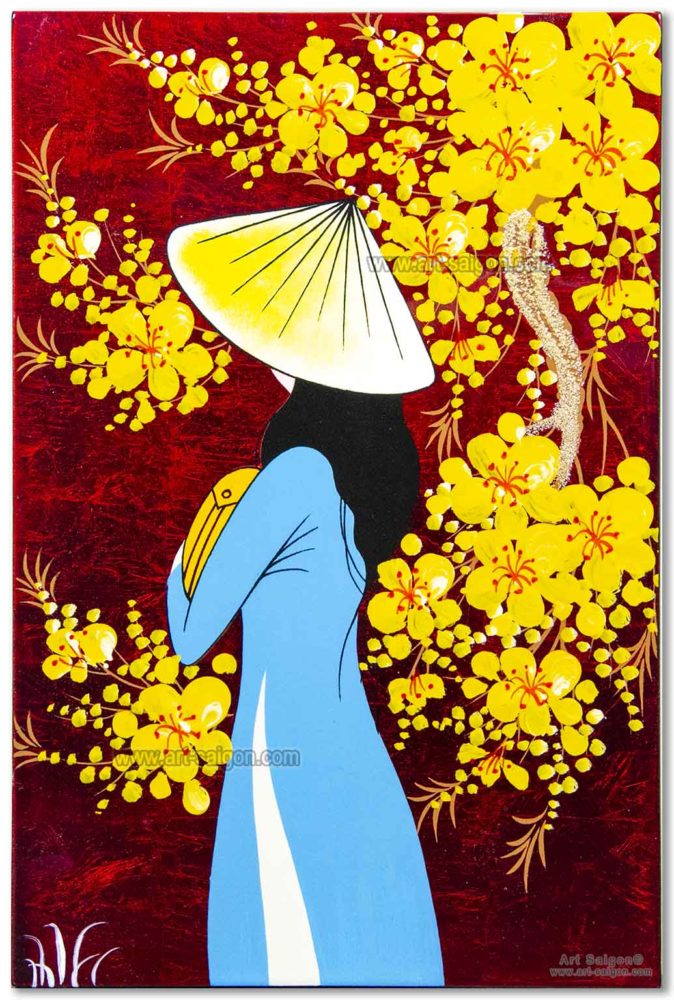 Femme chinoise en costume traditionnel tenant une seule fleur (peinture sur  verre avec cadre en bois)