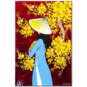 Tableau en Bois Laqué peint, Motif Femme Vietnamienne et Fleurs de Cerisier. Décoration et Artisanat du Vietnam. Article vendu par la Boutique Art-saigon.com