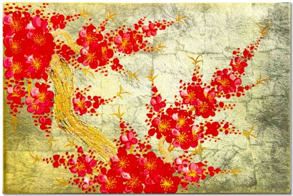 Tableau en Bois Laqué et Coquille d'Œuf, Motif Fleurs de Cerisier. Décoration et Artisanat du Vietnam. Article vendu par la Boutique Art-saigon.com