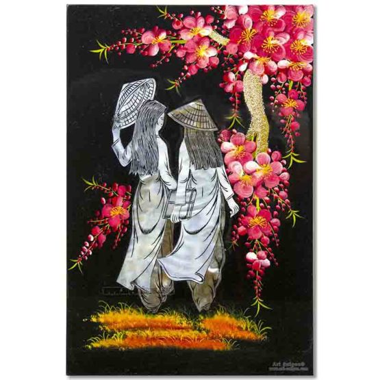 Tableau en Bois Laqué et Nacre, Motif Femmes Vietnamiennes et Fleurs de Cerisier. Décoration et Artisanat du Vietnam. Article vendu par la Boutique Art-saigon.com