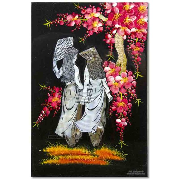 Tableau en Bois Laqué et Nacre, Motif Femmes Vietnamiennes et Fleurs de Cerisier. Décoration et Artisanat du Vietnam. Article vendu par la Boutique Art-saigon.com