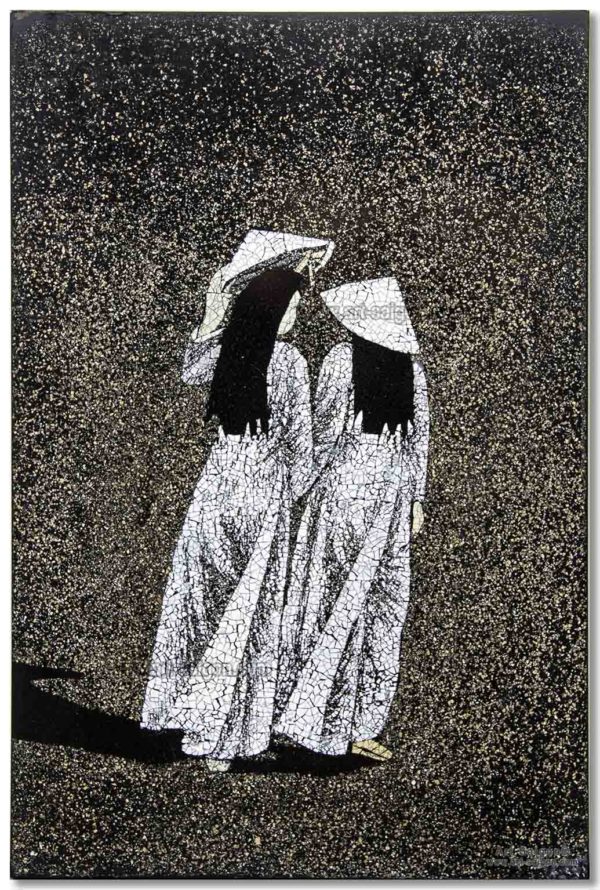 Tableau en Bois Laqué et Coquille d'Œuf, Motif Femmes Vietnamiennes. Décoration et Artisanat du Vietnam. Article vendu par la Boutique Art-saigon.com