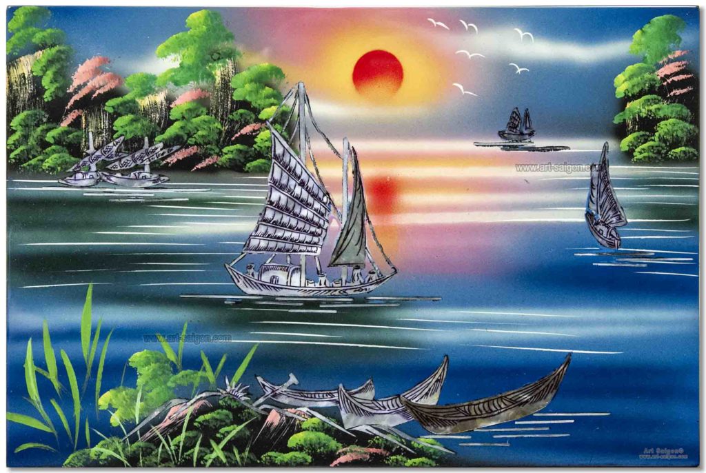 Tableau en Bois Laqué et Nacre, Motif La Baie de Ha Long. Décoration et Artisanat du Vietnam. Article vendu par la Boutique Art-saigon.com