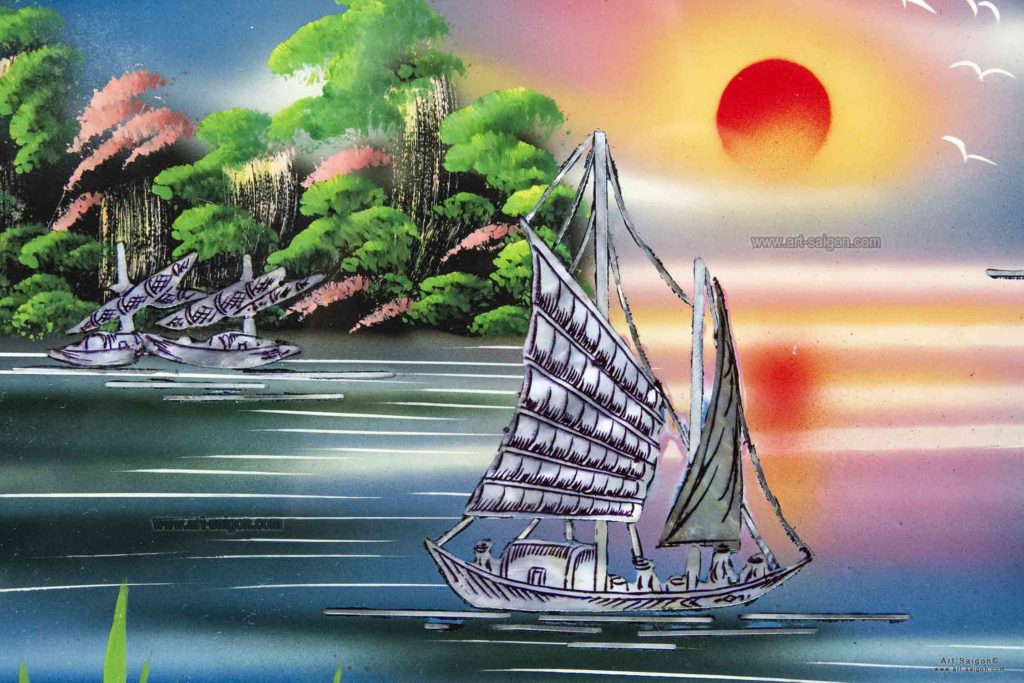 Tableau en Bois Laqué et Nacre, Motif La Baie de Ha Long. Décoration et Artisanat du Vietnam. Article vendu par la Boutique Art-saigon.com
