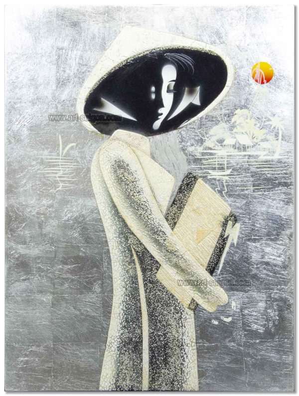 Tableau en Bois Laqué Argenté Brillant et Coquille d'Œuf, Motif Étudiante Vietnamienne. Décoration et Artisanat du Vietnam. Article vendu par la Boutique Art-saigon.com
