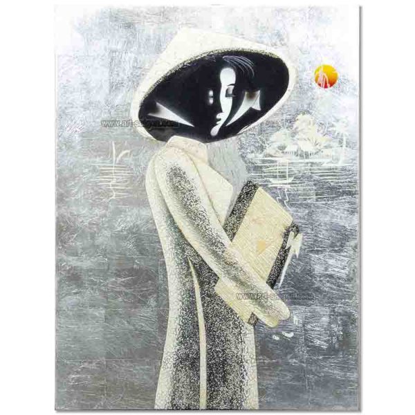 Tableau en Bois Laqué Argenté Brillant et Coquille d'Œuf, Motif Étudiante Vietnamienne. Décoration et Artisanat du Vietnam. Article vendu par la Boutique Art-saigon.com
