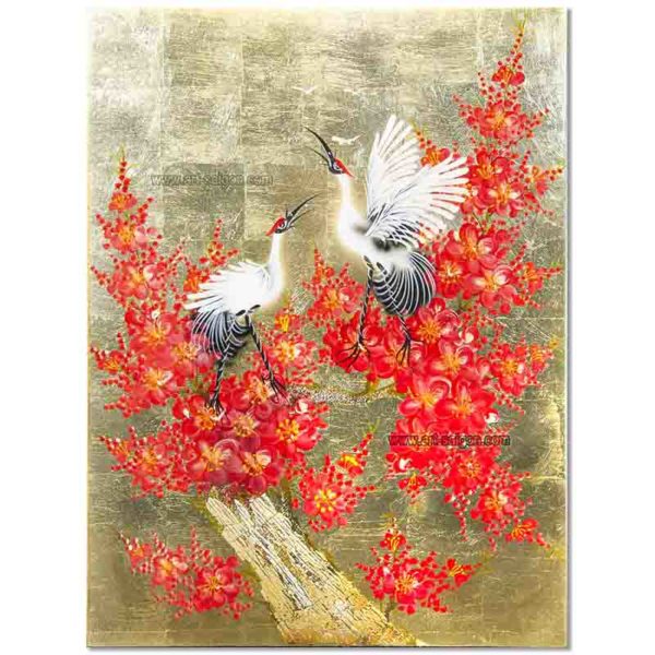 Tableau en Bois Laqué Doré, Motif Couple de Grues et Fleurs de Cerisier. Décoration et Artisanat du Vietnam. Article vendu par la Boutique Art-saigon.com