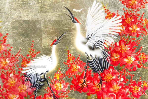 Tableau en Bois Laqué Doré, Motif Couple de Grues et Fleurs de Cerisier. Décoration et Artisanat du Vietnam. Article vendu par la Boutique Art-saigon.com