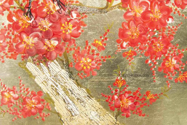 Tableau en Bois Laqué Doré, Motif Couple de Grues et Fleurs de Cerisier. Décoration et Artisanat du Vietnam. Article vendu par la Boutique Art-saigon.com