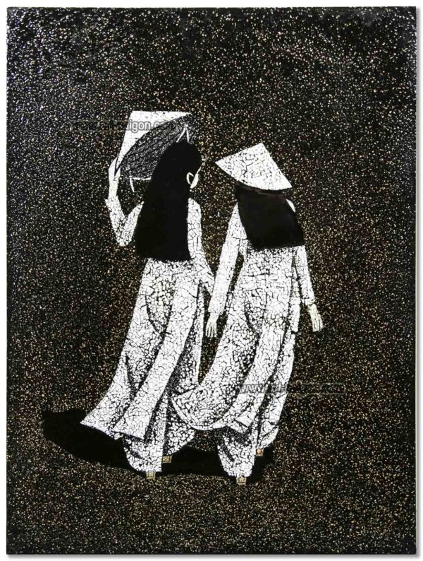Tableau en Bois Laqué et Coquille d'Œuf, Motif Femmes Vietnamiennes. Décoration et Artisanat du Vietnam. Article vendu par la Boutique Art-saigon.com