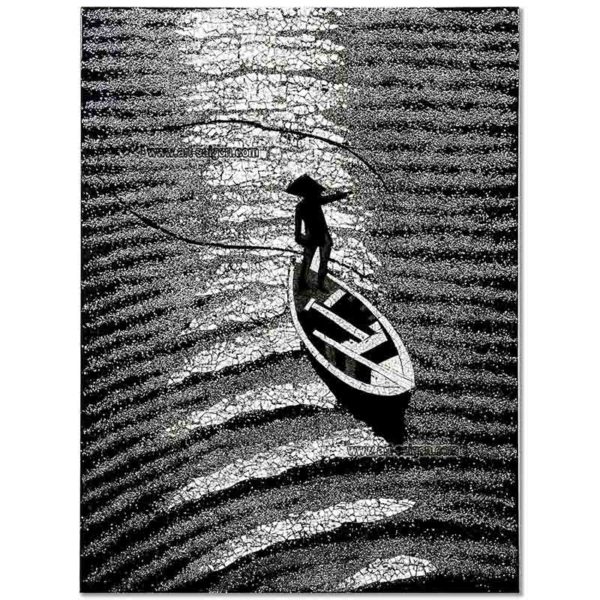 Tableau en Bois Laqué et Coquille d'Œuf, Motif Pêcheur Vietnamien. Décoration et Artisanat du Vietnam. Article vendu par la Boutique Art-saigon.com
