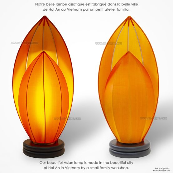Lampe de Chevet en Pétale de Lotus en Tissu de Soie Orange, Lampe de Table de Hoi An au Vietnam. Fabrication Artisanale. Article vendu par la Boutique Art-saigon.com
