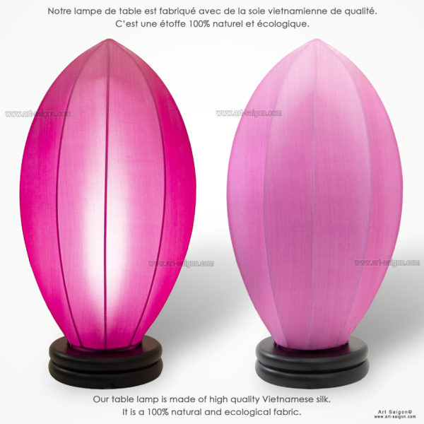 Lampe de Chevet en Pétale de Lotus en Tissu de Soie Rose, Lampe de Table de Hoi An au Vietnam. Fabrication Artisanale. Article vendu par la Boutique Art-saigon.com