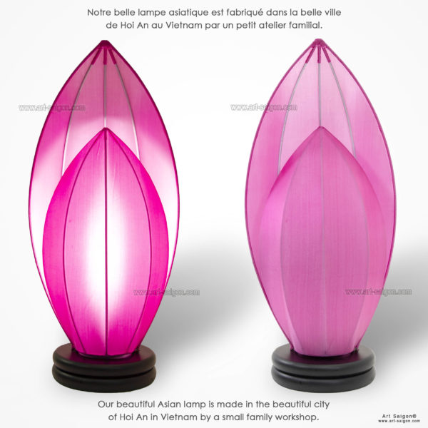 Lampe de Chevet en Pétale de Lotus en Tissu de Soie Rose, Lampe de Table de Hoi An au Vietnam. Fabrication Artisanale. Article vendu par la Boutique Art-saigon.com