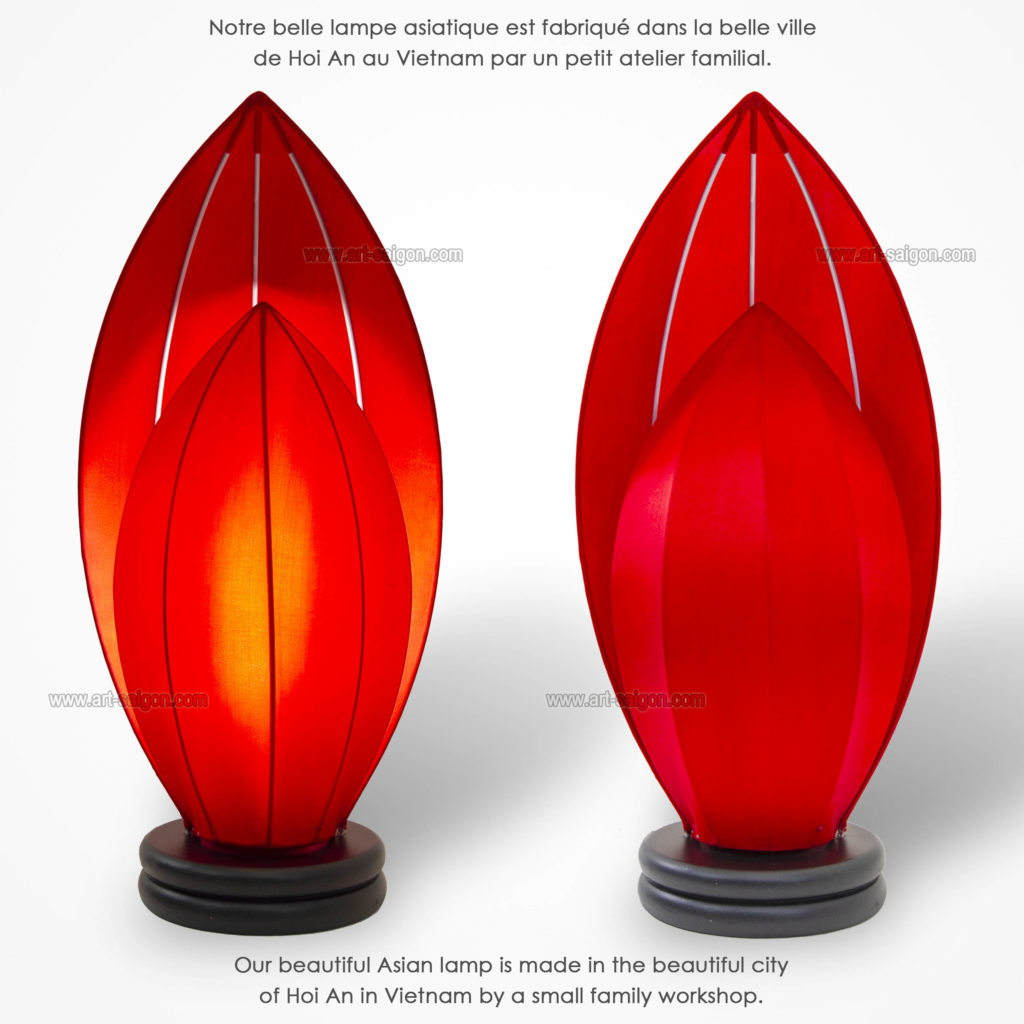 Lampe de Chevet en Pétale de Lotus en Tissu de Soie Rouge, Lampe de Table de Hoi An au Vietnam. Fabrication Artisanale. Article vendu par la Boutique Art-saigon.com