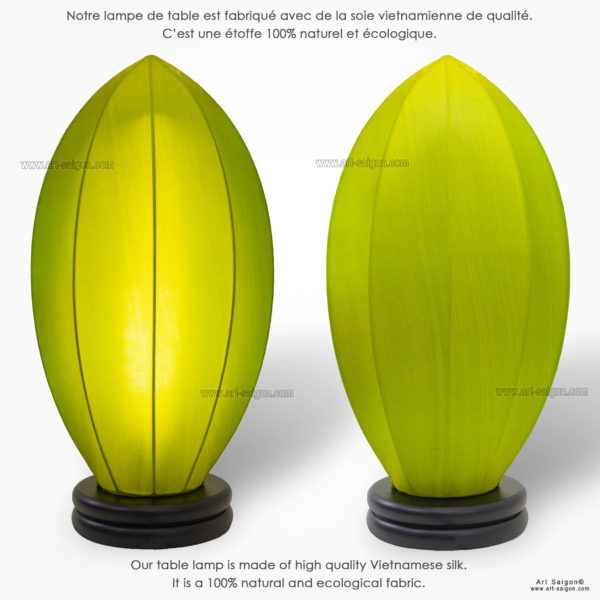 Lampe de Chevet en Pétale de Lotus en Tissu de Soie Vert, Lampe de Table de Hoi An au Vietnam. Fabrication Artisanale. Article vendu par la Boutique Art-saigon.com