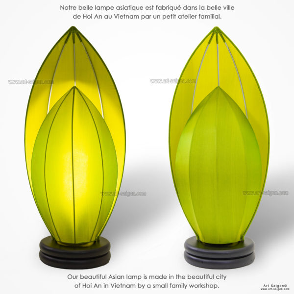 Lampe de Chevet en Pétale de Lotus en Tissu de Soie Vert, Lampe de Table de Hoi An au Vietnam. Fabrication Artisanale. Article vendu par la Boutique Art-saigon.com