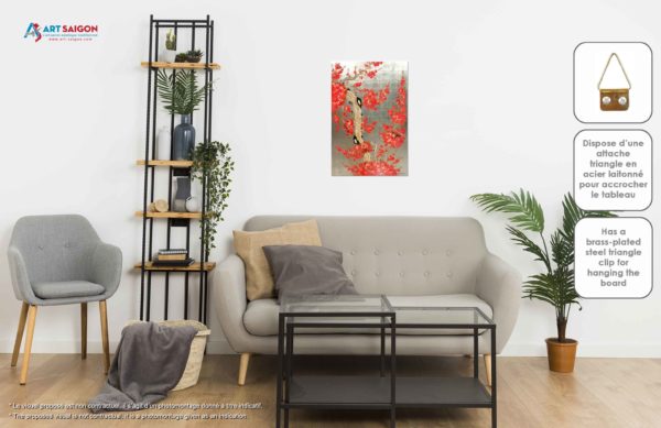 Tableau en Bois Laqué Doré, Motif Fleurs de Cerisier Rouges. Décoration et Artisanat du Vietnam. Article vendu par la Boutique Art-saigon.com