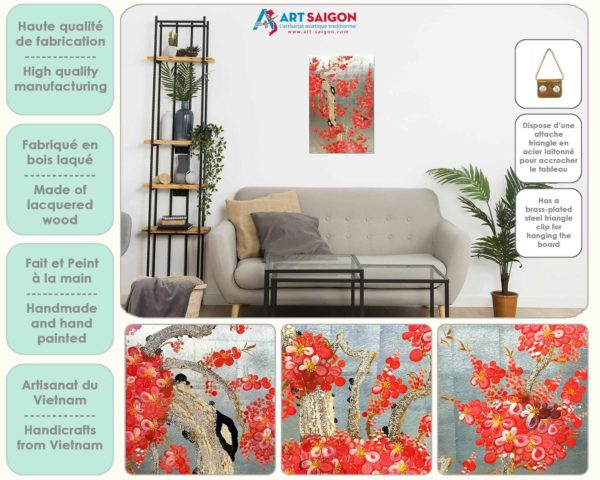 Tableau en Bois Laqué Doré, Motif Fleurs de Cerisier Rouges. Décoration et Artisanat du Vietnam. Article vendu par la Boutique Art-saigon.com