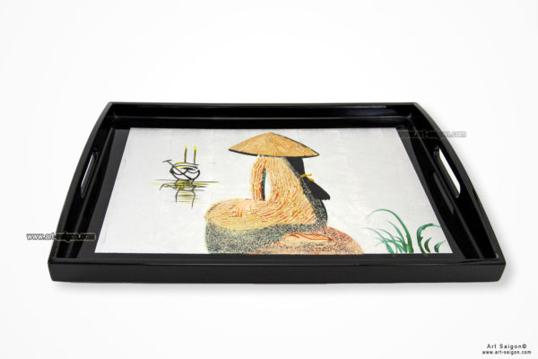Plateau en Bois Laqué Argenté et Noir, Femme Vietnamienne. Décoration et Artisanat du Vietnam. Article vendu par la Boutique Art-saigon.com