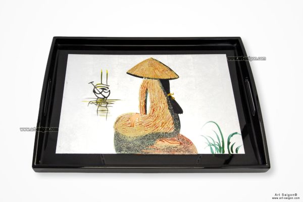 Plateau en Bois Laqué Argenté et Noir, Femme Vietnamienne. Décoration et Artisanat du Vietnam. Article vendu par la Boutique Art-saigon.com