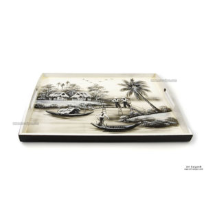 Plateau en Bois Laqué Blanc et Noir, Campagne du Vietnam. Décoration et Artisanat du Vietnam. Article vendu par la Boutique Art-saigon.com